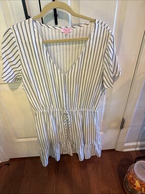 Pink Lily White Dress with Navy Vertical Stripes